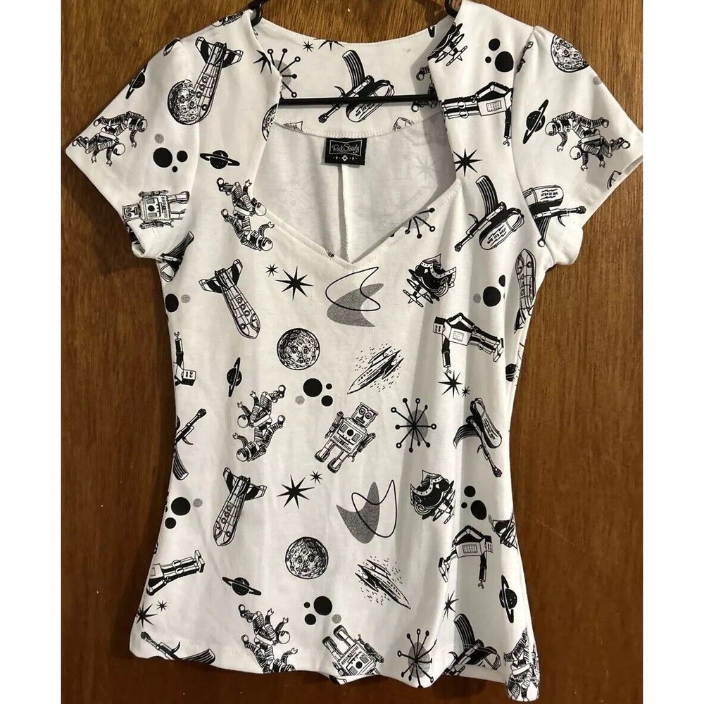 Rock Steady Sweetheart Neck Shirt Top Sz M Rockabilly Robot Space MCM Print USA